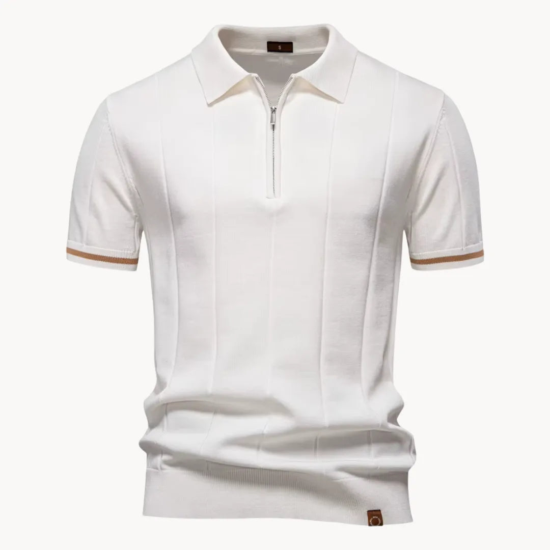 Men’s Short Sleeve Knit Polo Shirt with Quarter Zip and Ribbed Hem