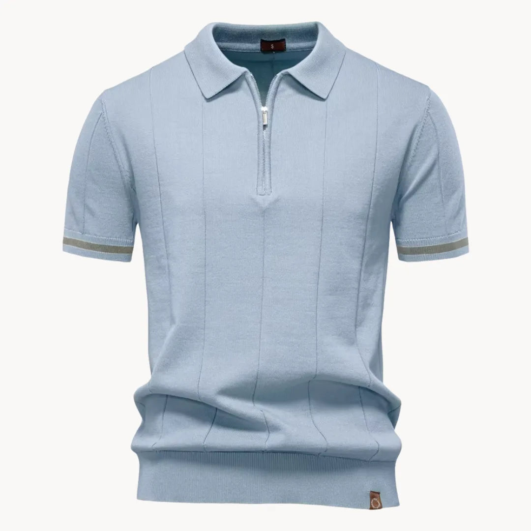 Men’s Short Sleeve Knit Polo Shirt with Quarter Zip and Ribbed Hem