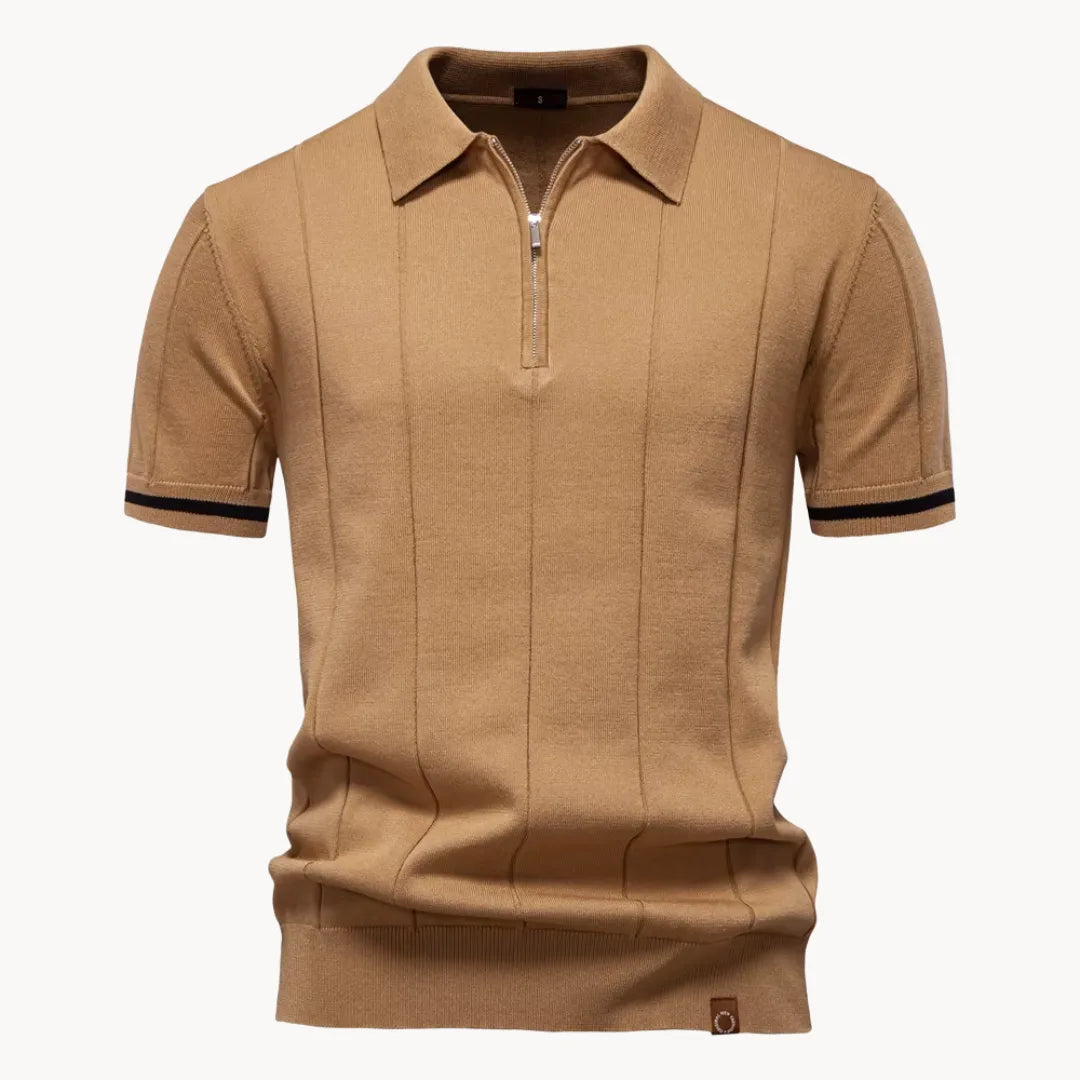 Men’s Short Sleeve Knit Polo Shirt with Quarter Zip and Ribbed Hem