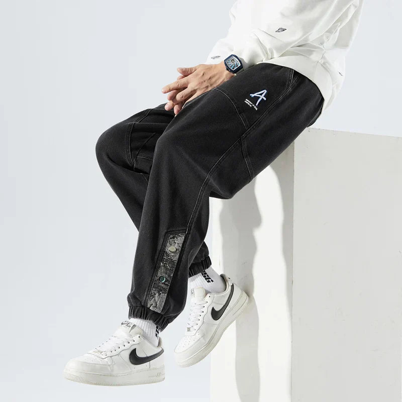 Men's Denim Jogger Jeans - Elasticated Drawstring Waist - Ribbed Cuff - Panelled Seam Detail