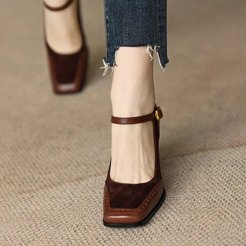 Women’s Mary Jane Block Heel Shoes with Square Toe and Buckle Strap