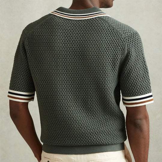 Men’s Army Green Short Sleeve Knit Polo Shirt with Button Front and Chest Pocket