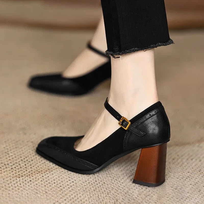 Women’s Mary Jane Block Heel Shoes with Square Toe and Buckle Strap