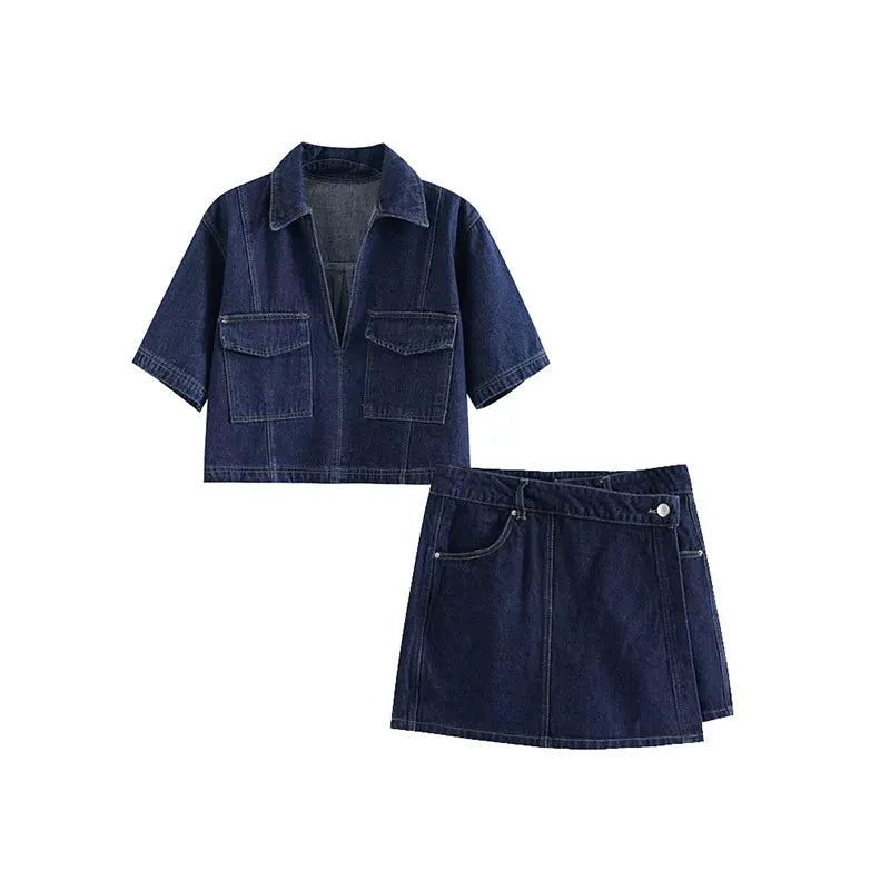 Women's Denim Going-Out Set - Cropped Half-Zip Top and Asymmetric Wrap Mini Skirt with Contrast Stitching