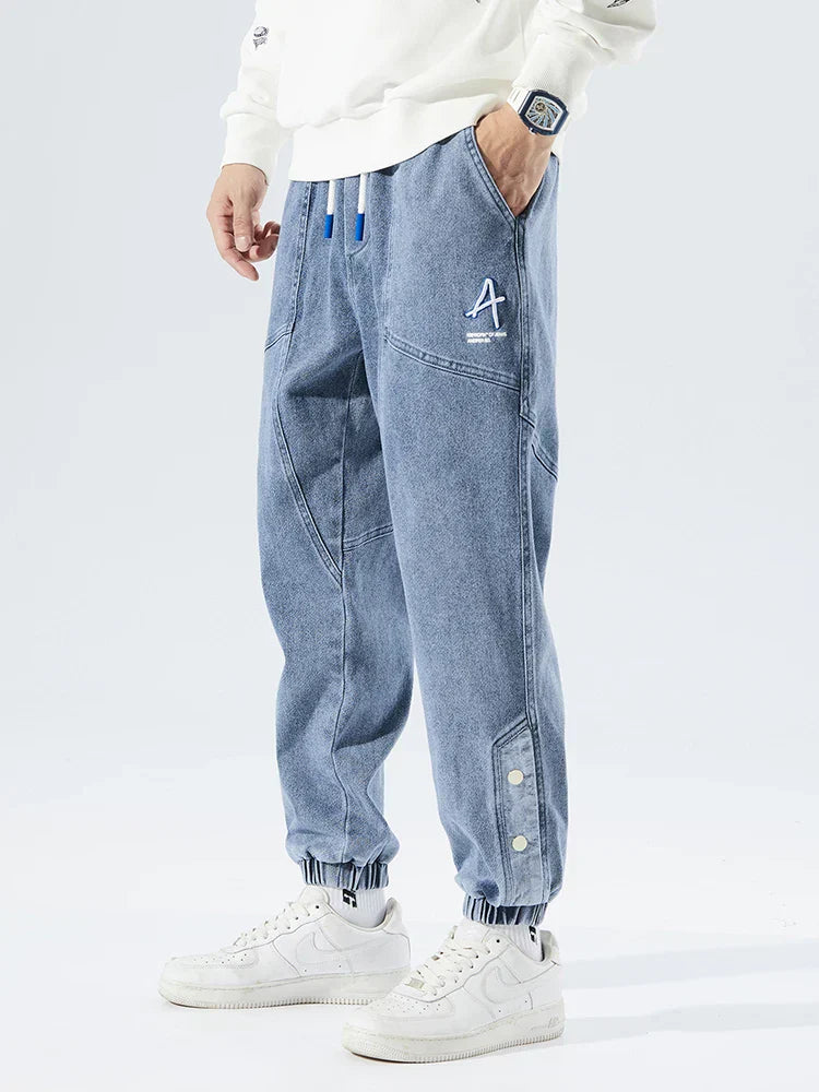 Men's Denim Jogger Jeans - Elasticated Drawstring Waist - Ribbed Cuff - Panelled Seam Detail