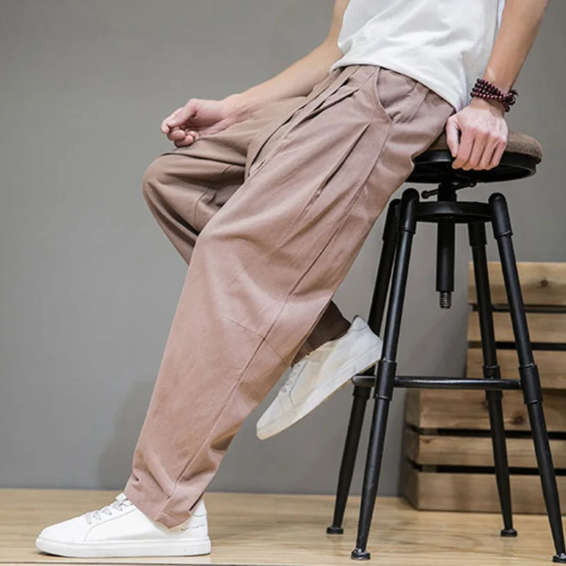Men's Wide-Leg Tapered Trousers - Cotton Linen Blend - Casual Elastic Waist Wrap-Detail Pants with Tie-Front