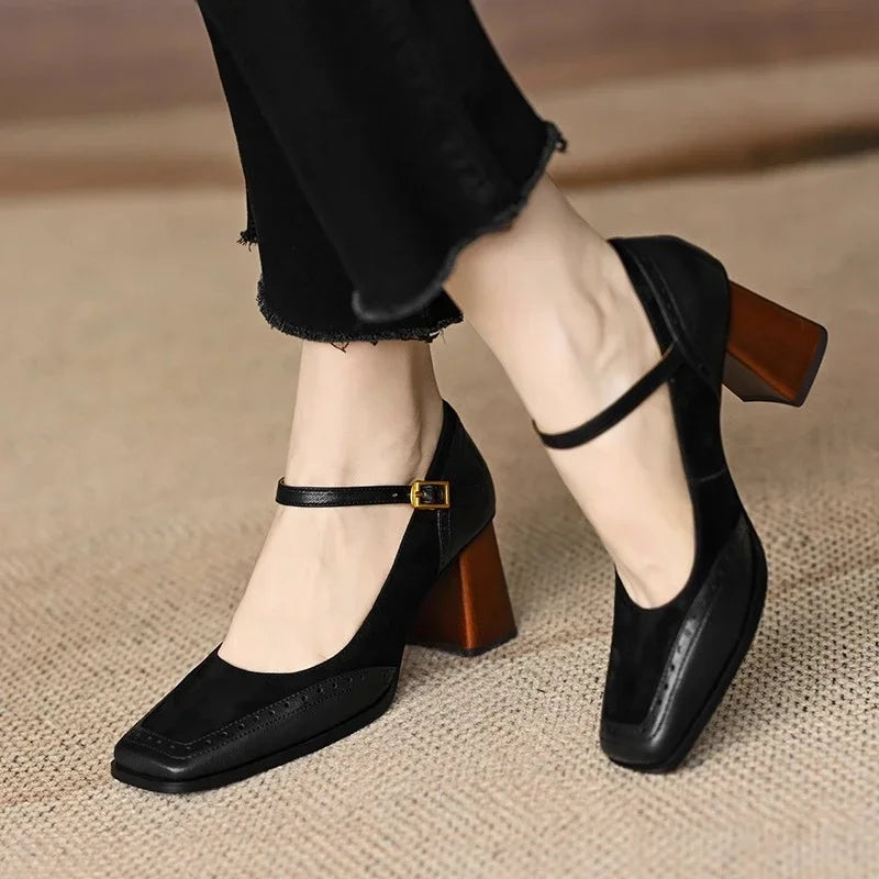 Women’s Mary Jane Block Heel Shoes with Square Toe and Buckle Strap