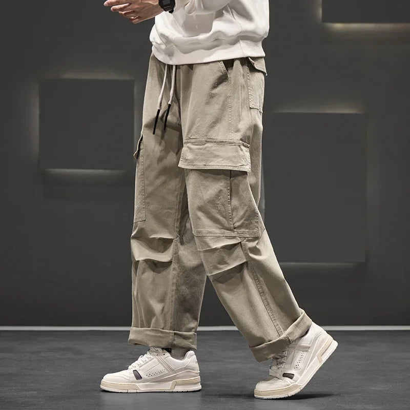 Men’s Wide Leg Cargo Trousers with Drawstring Waist and Flap Pockets