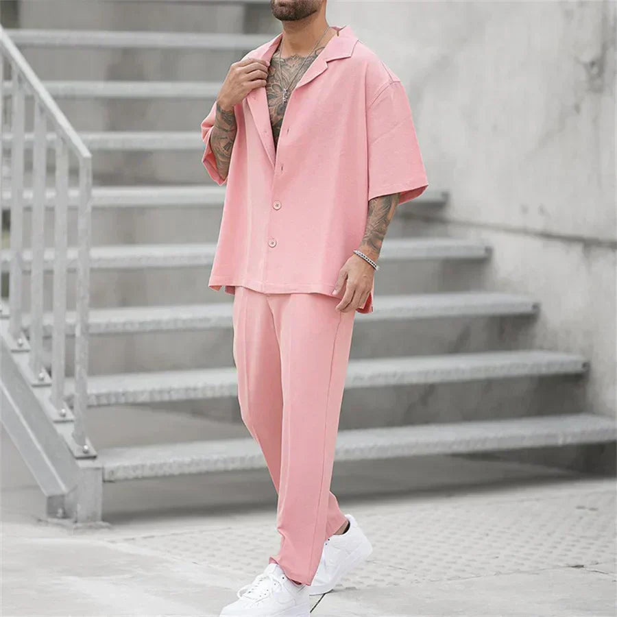 Men's Two Piece Short Sleeve Shirt and Straight Leg Trousers Set