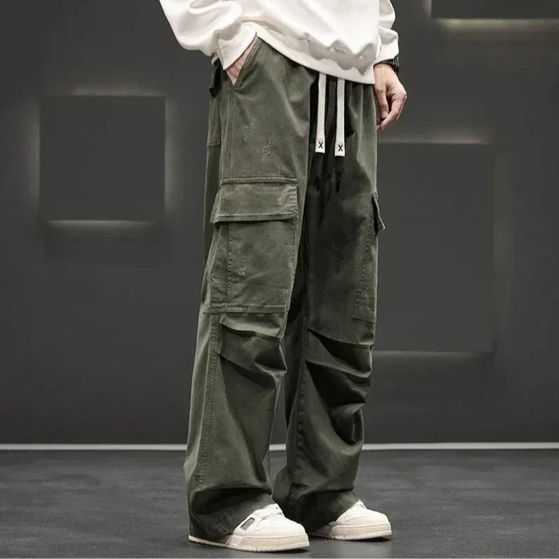 Men’s Wide Leg Cargo Trousers with Drawstring Waist and Flap Pockets