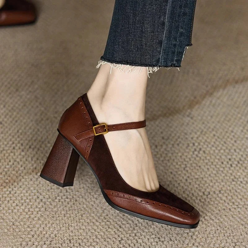 Women’s Mary Jane Block Heel Shoes with Square Toe and Buckle Strap