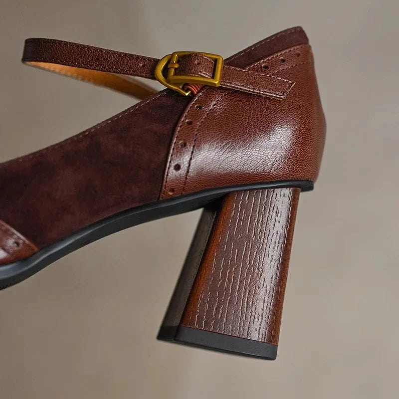 Women’s Mary Jane Block Heel Shoes with Square Toe and Buckle Strap