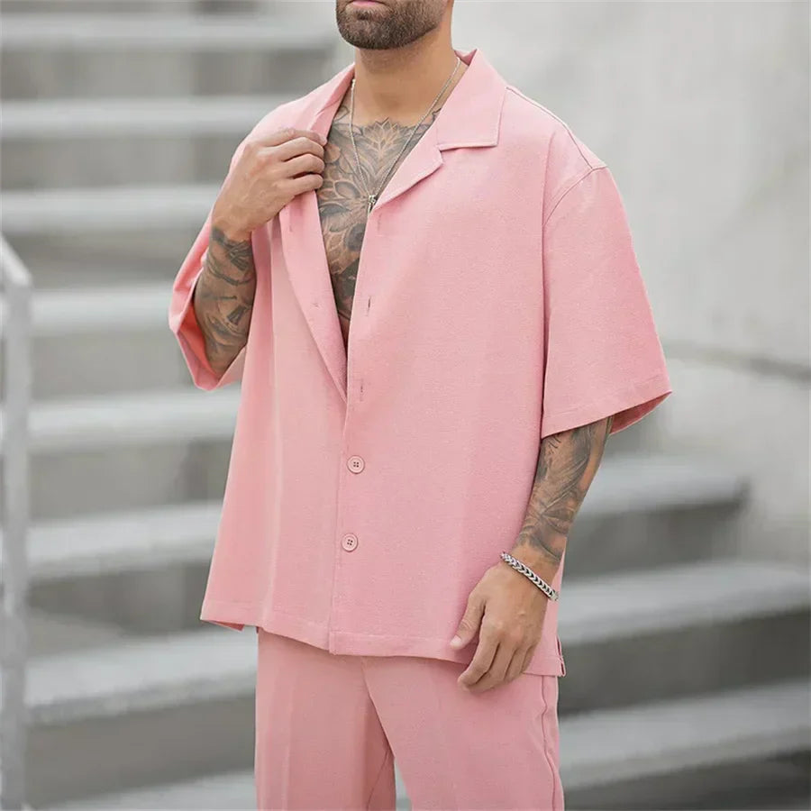 Men's Two Piece Short Sleeve Shirt and Straight Leg Trousers Set