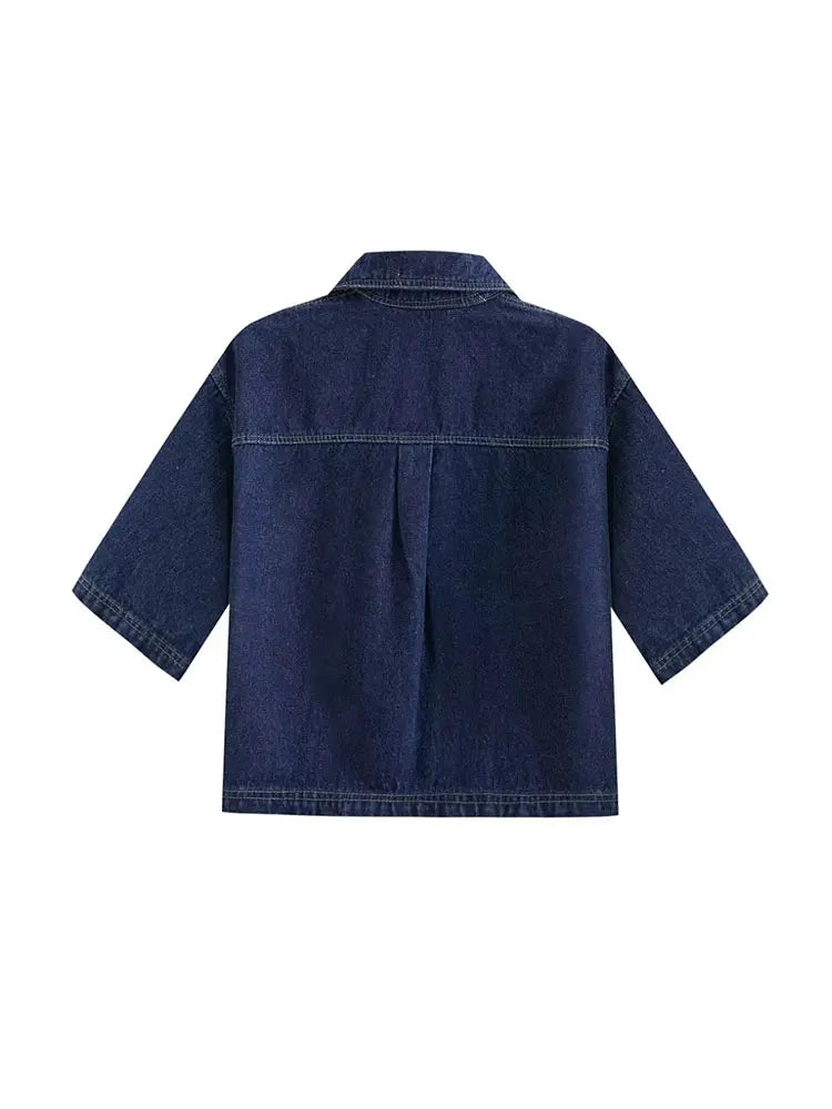 Women's Denim Going-Out Set - Cropped Half-Zip Top and Asymmetric Wrap Mini Skirt with Contrast Stitching