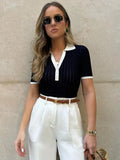 Women’s Short Sleeve Knit Polo Top with Contrast Collar
