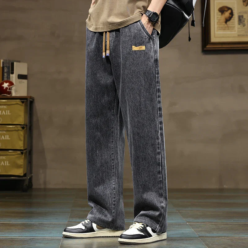 Men’s Wide Leg Drawstring Jeans with Elastic Waist and Straight Hem