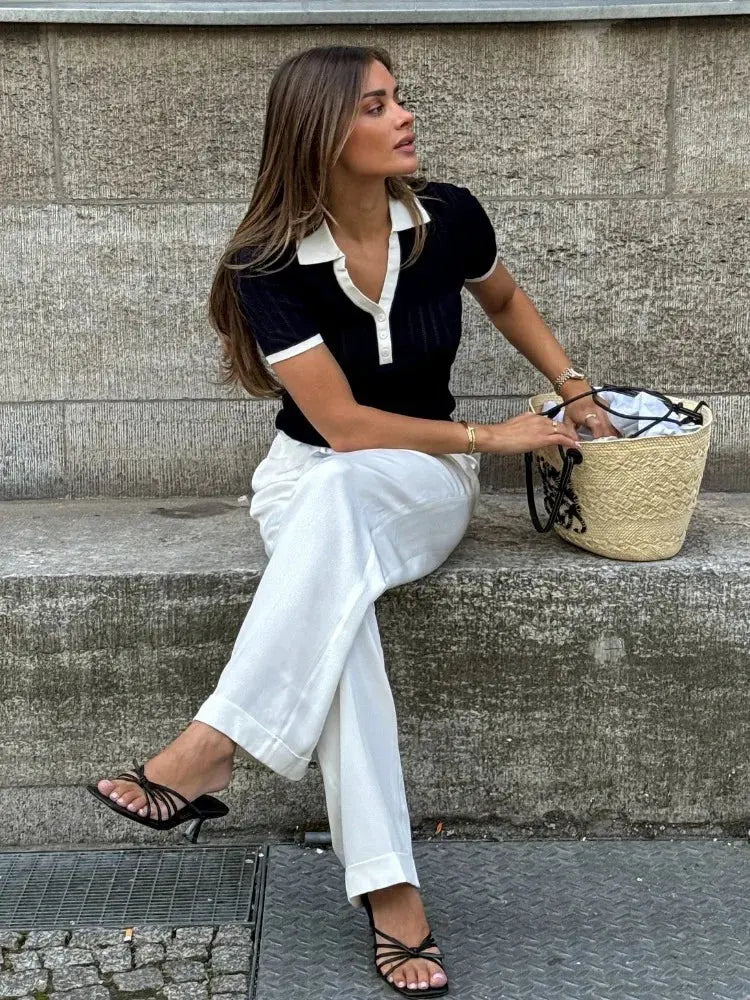 Women’s Short Sleeve Knit Polo Top with Contrast Collar