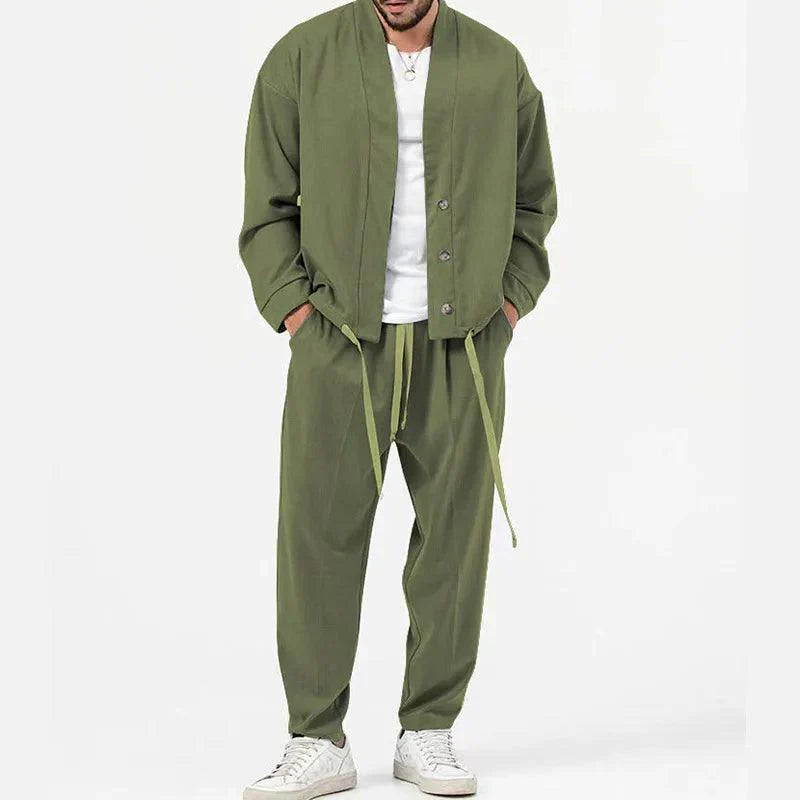 Men’s Two-Piece Set - Button-Front Jacket and Drawstring Trousers