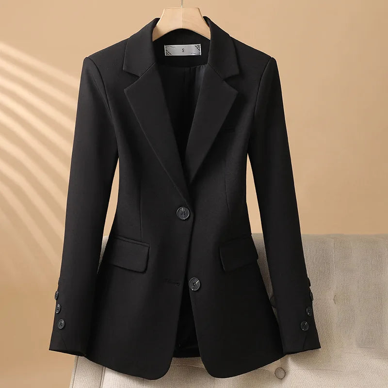 Women's Tailored Single-Breasted Blazer - Fitted Notch Lapel Jacket with Flap Pockets and Button Cuffs