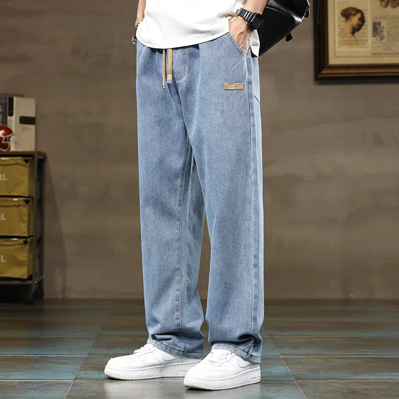 Men’s Wide Leg Drawstring Jeans with Elastic Waist and Straight Hem