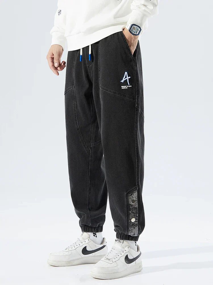 Men's Denim Jogger Jeans - Elasticated Drawstring Waist - Ribbed Cuff - Panelled Seam Detail