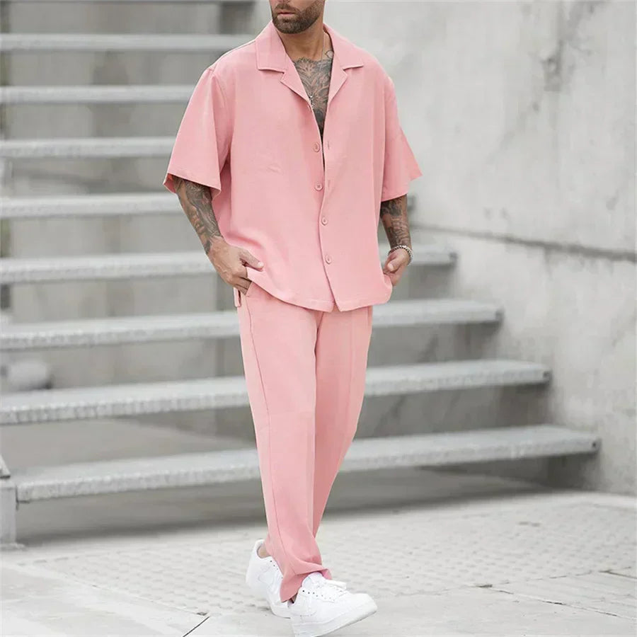 Men's Two Piece Short Sleeve Shirt and Straight Leg Trousers Set