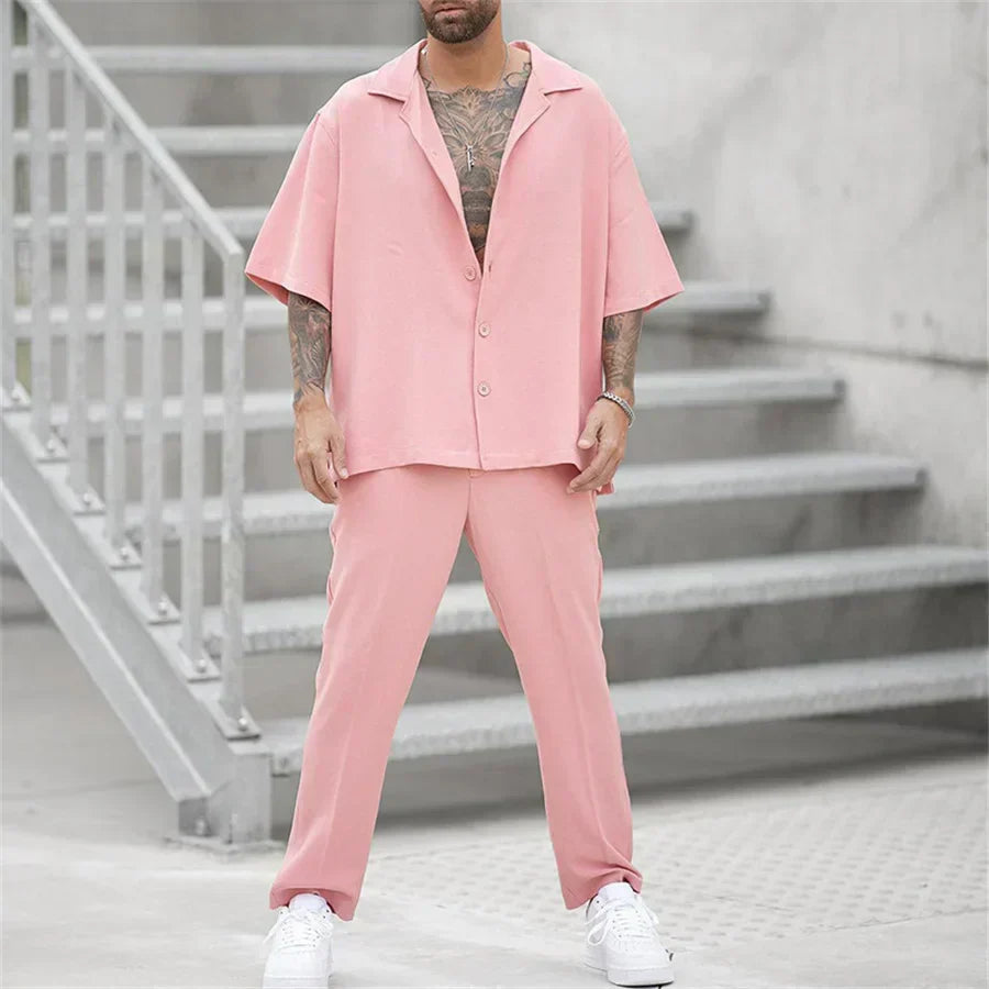 Men's Two Piece Short Sleeve Shirt and Straight Leg Trousers Set