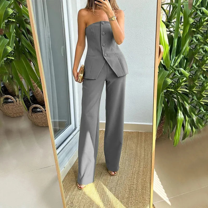 Women's Tailored Two Piece Suit - Strapless Waistcoat and Wide-Leg Trousers