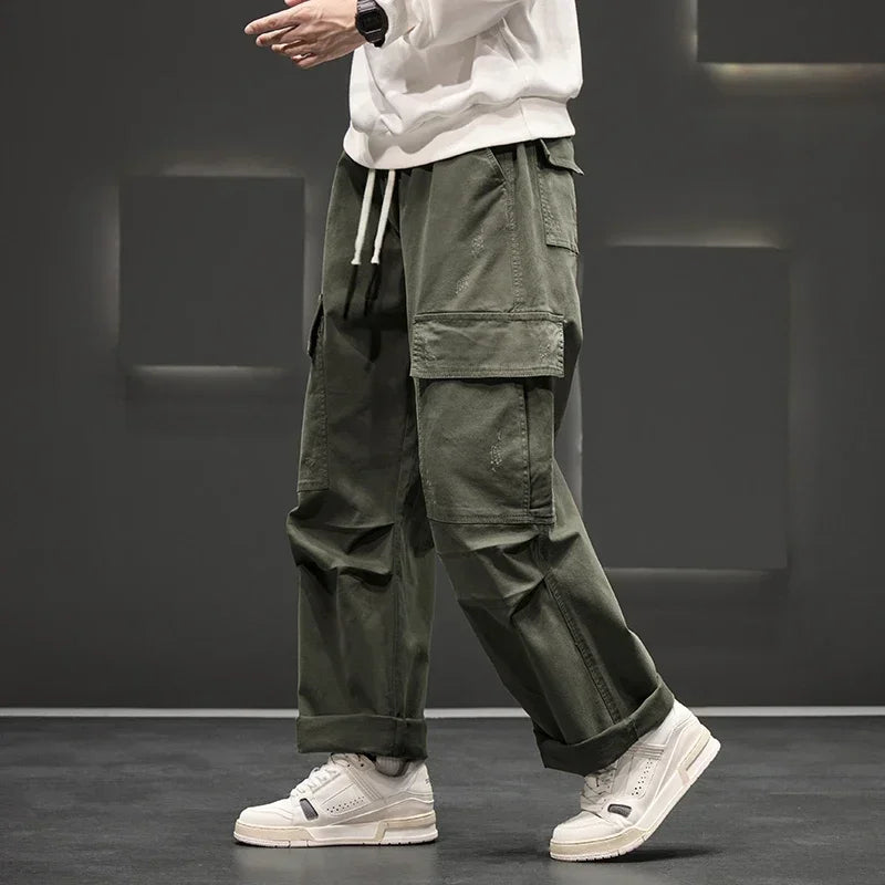 Men’s Wide Leg Cargo Trousers with Drawstring Waist and Flap Pockets