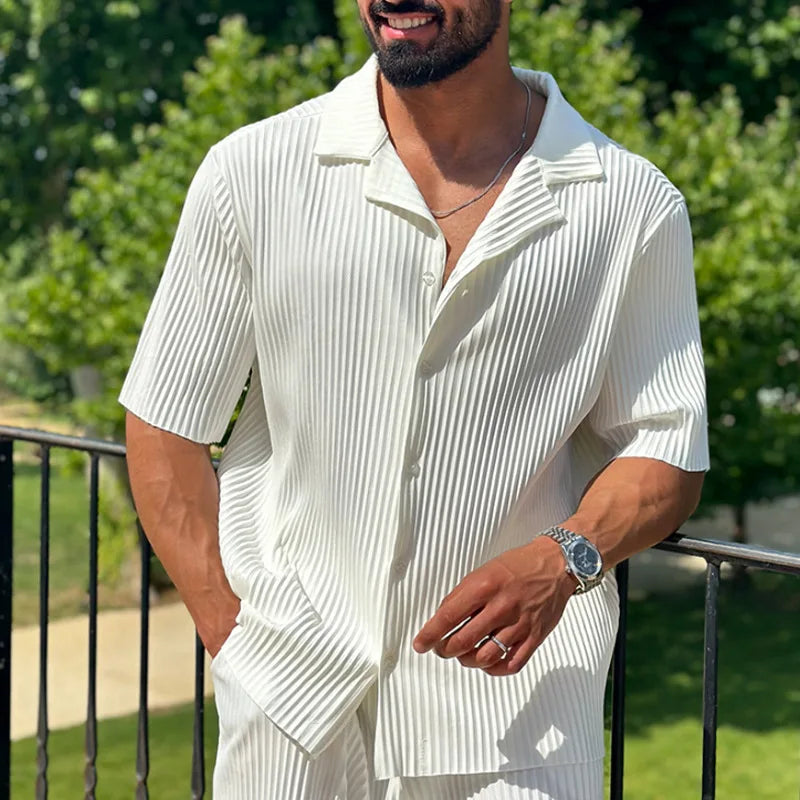 Men's Two Piece Set - Pleated Camp Collar Short Sleeve Shirt - Straight Leg Trousers