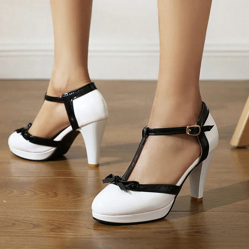 Women’s T-Strap High Heel Pumps with Buckle Closure and Round Toe