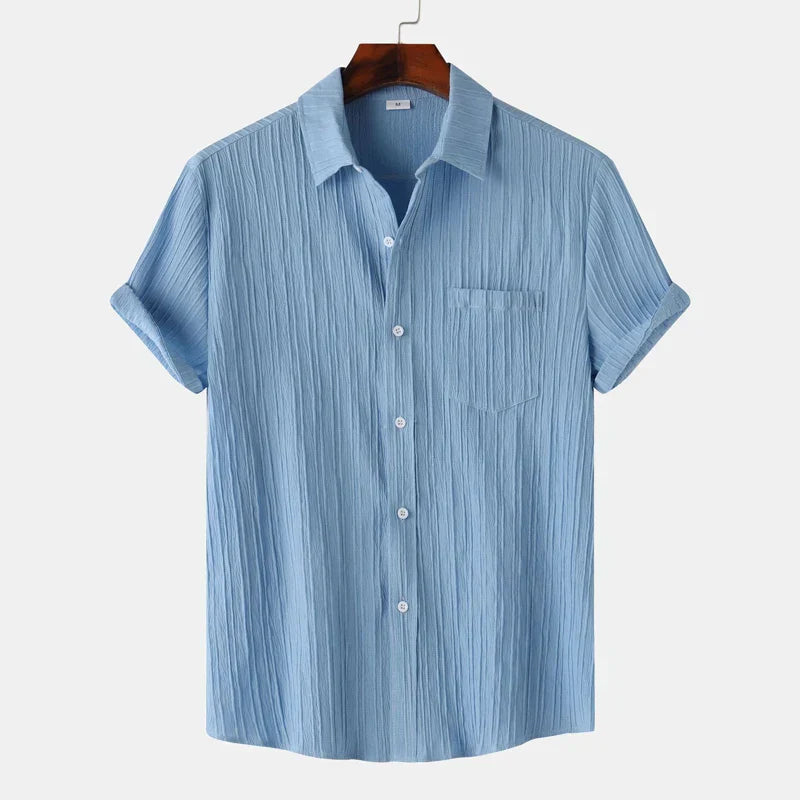 Men’s Short Sleeve Button-Up Shirt with Polo Collar and Chest Pocket