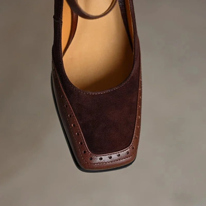 Women’s Mary Jane Block Heel Shoes with Square Toe and Buckle Strap