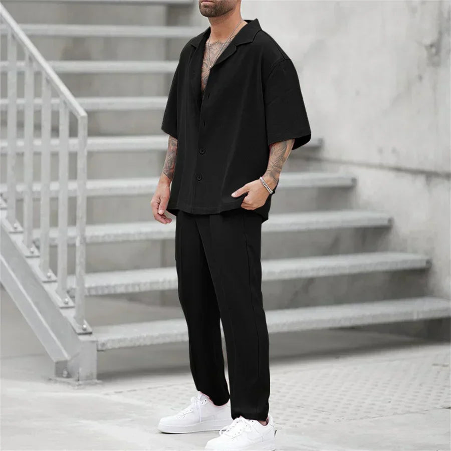 Men's Two Piece Short Sleeve Shirt and Straight Leg Trousers Set