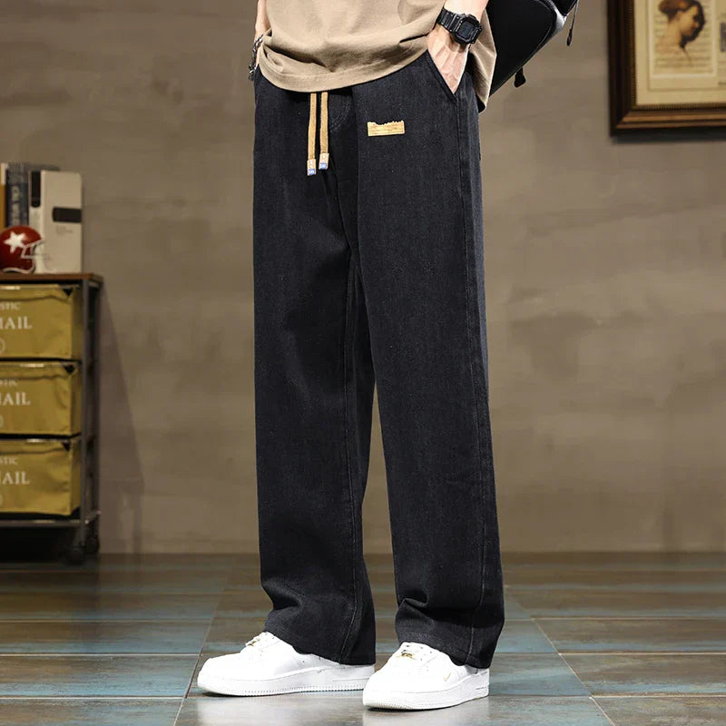 Men’s Wide Leg Drawstring Jeans with Elastic Waist and Straight Hem