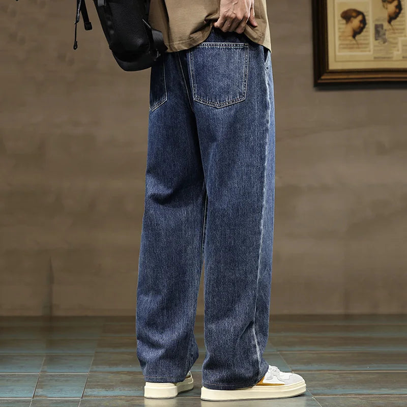 Men’s Wide Leg Drawstring Jeans with Elastic Waist and Straight Hem