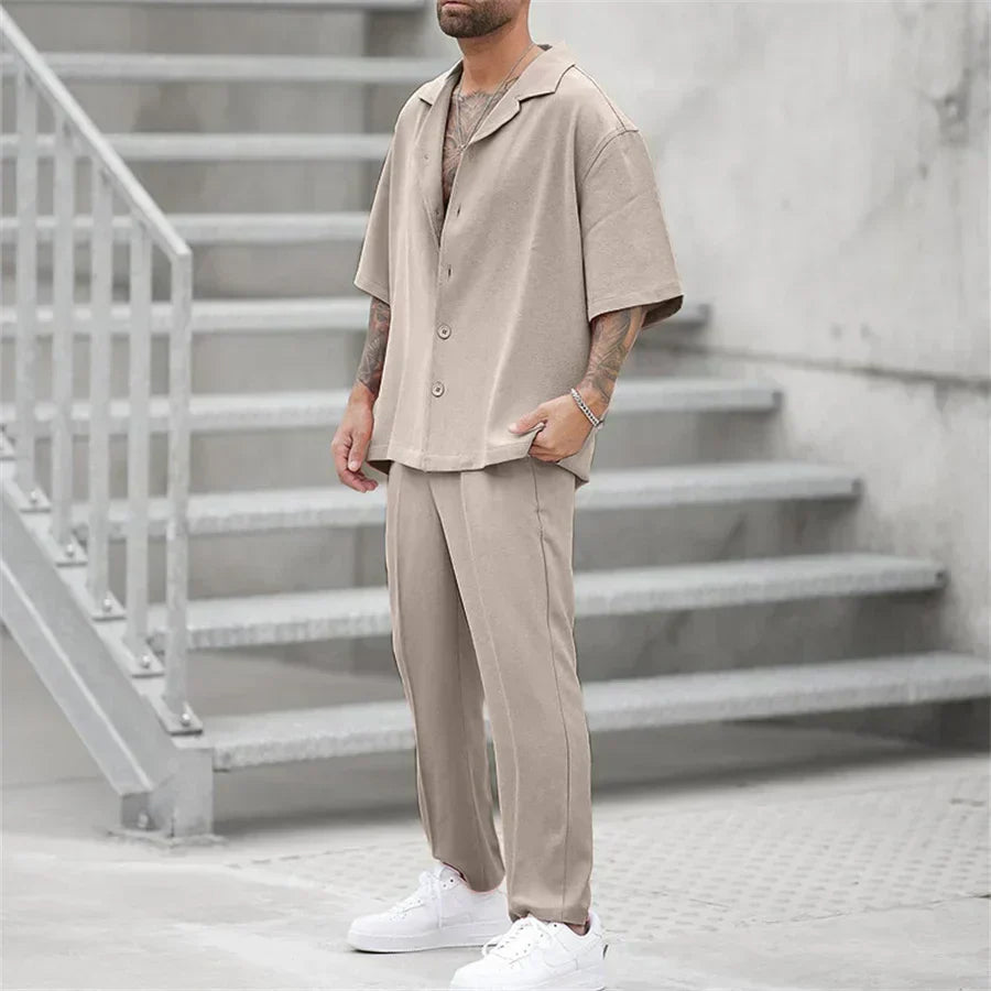 Men's Two Piece Short Sleeve Shirt and Straight Leg Trousers Set