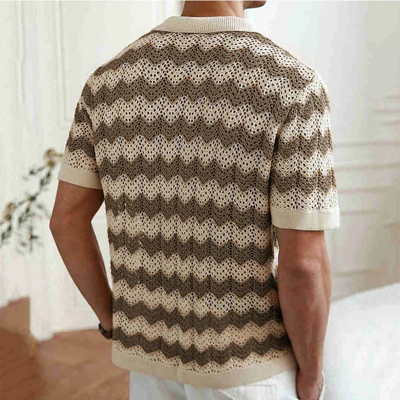 Men’s Short Sleeve Button-Front Crochet Knit Shirt with Zigzag Pattern and Collar