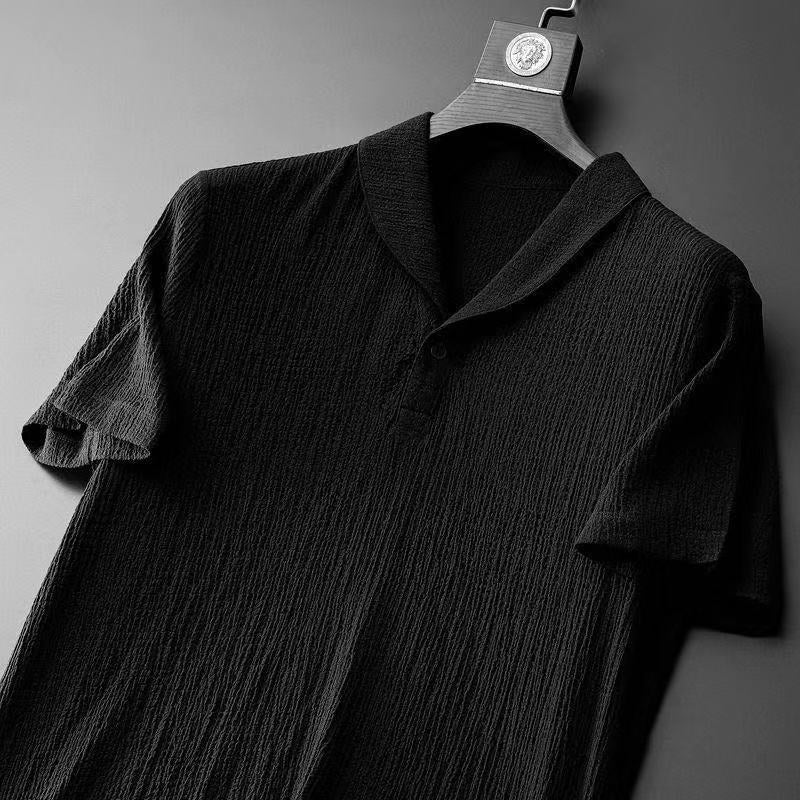 Men's Textured Two-Piece Set - Smart Casual Shawl Collar Top and Tapered Drawstring Trousers
