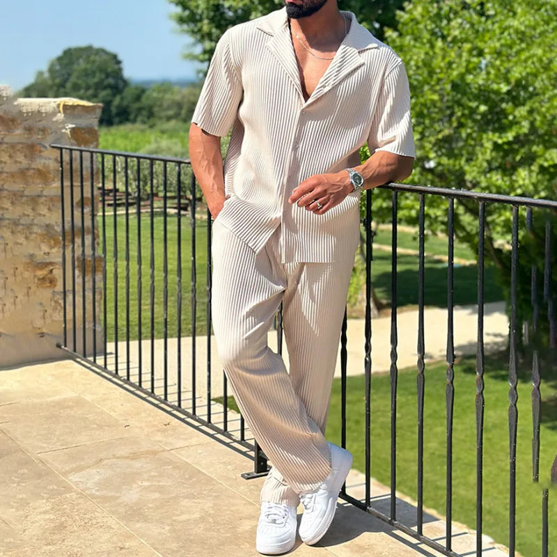 Men's Two Piece Set - Pleated Camp Collar Short Sleeve Shirt - Straight Leg Trousers