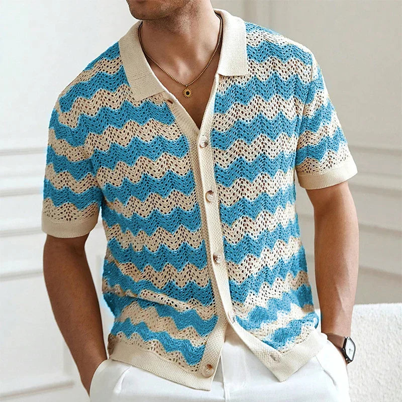 Men’s Short Sleeve Button-Front Crochet Knit Shirt with Zigzag Pattern and Collar