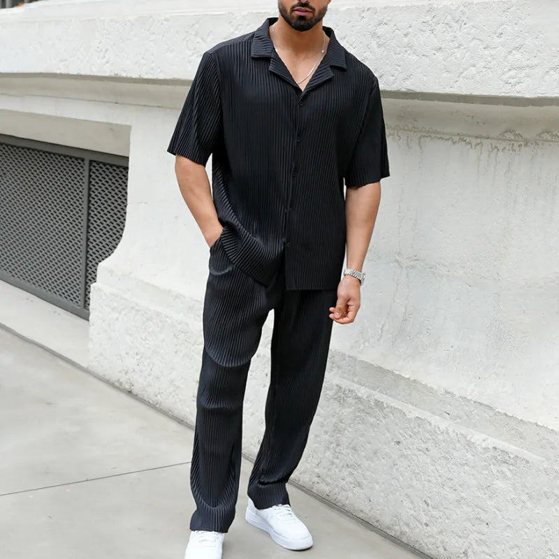 Men's Two Piece Set - Pleated Camp Collar Short Sleeve Shirt - Straight Leg Trousers