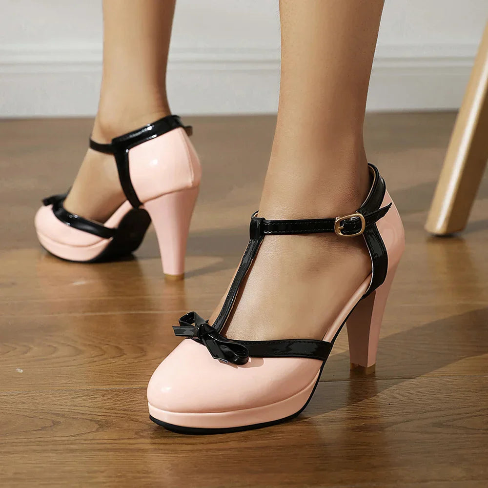 Women’s T-Strap High Heel Pumps with Buckle Closure and Round Toe