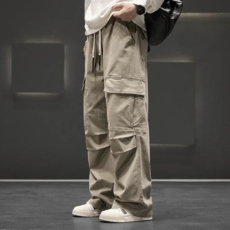 Men’s Wide Leg Cargo Trousers with Drawstring Waist and Flap Pockets