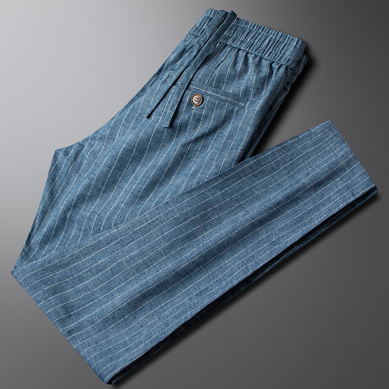 Men's Vertical Pinstripe Tapered Trousers - Smart Casual Pants with Elastic Waist and Pockets