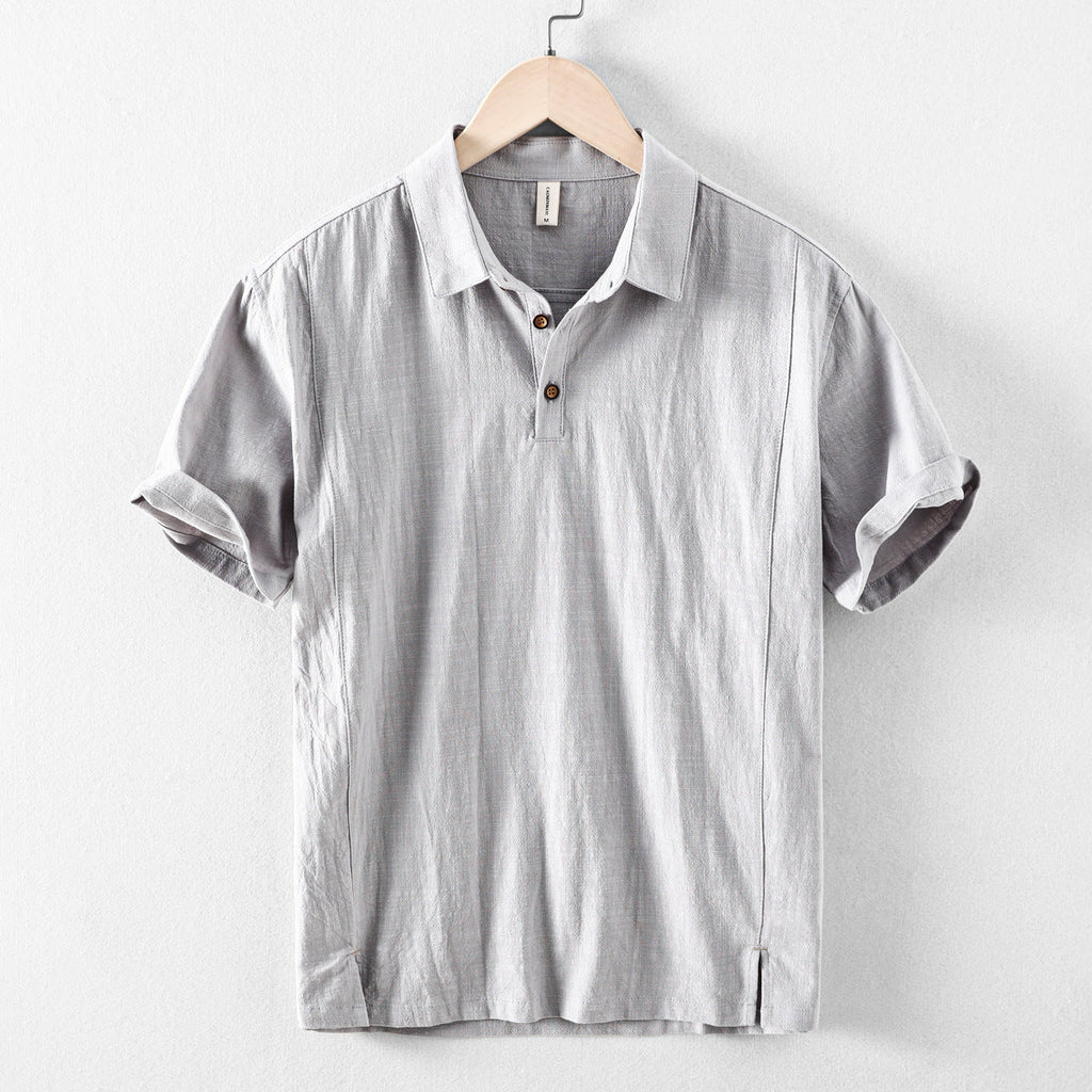 Men's Short-Sleeve Linen Blend Pull-On Shirt - Casual Summer Point Collar Two-Button Top