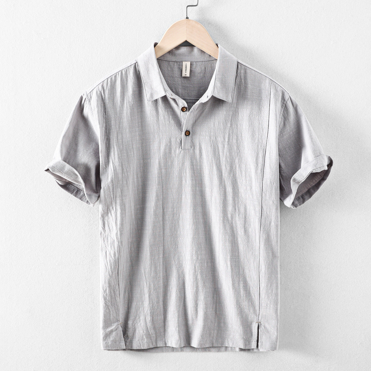 Men's Short-Sleeve Linen Blend Pull-On Shirt - Casual Summer Point Collar Two-Button Top