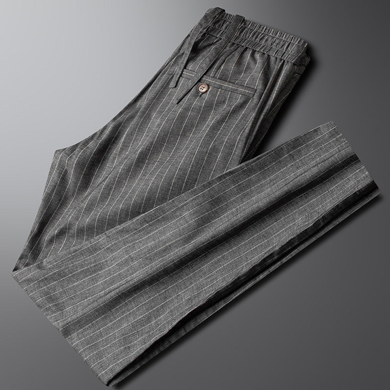 Men's Vertical Pinstripe Tapered Trousers - Smart Casual Pants with Elastic Waist and Pockets