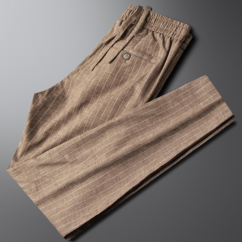 Men's Vertical Pinstripe Tapered Trousers - Smart Casual Pants with Elastic Waist and Pockets