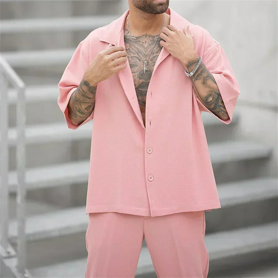 Men's Two Piece Short Sleeve Shirt and Straight Leg Trousers Set